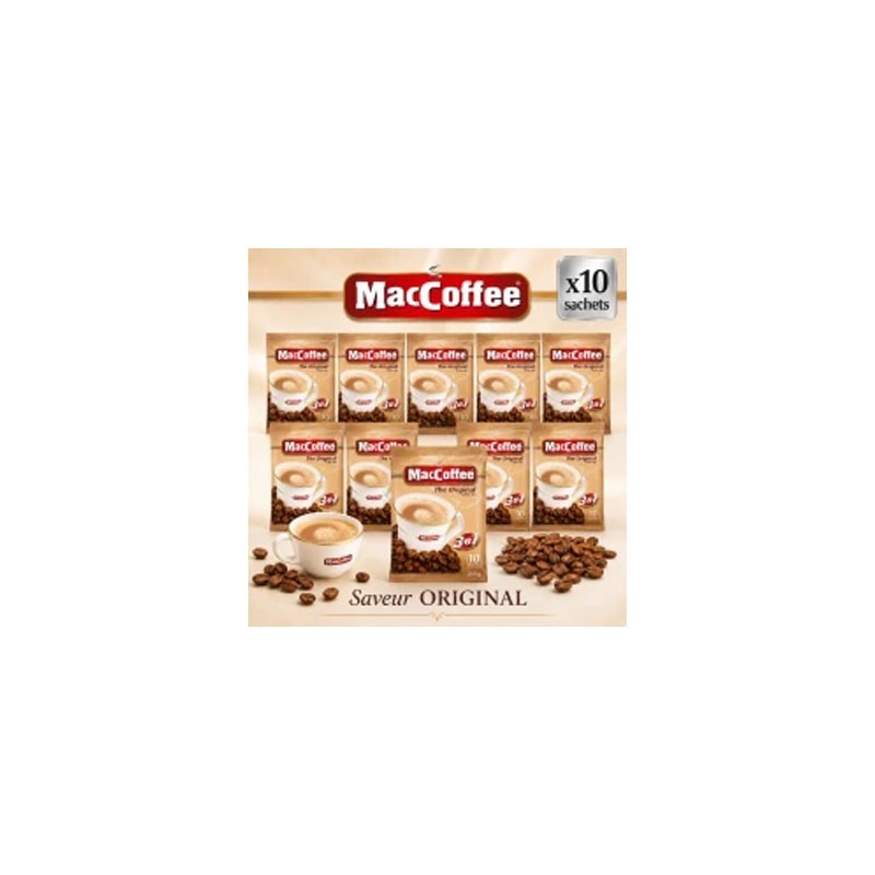 MACCOFFEE – Café instantané 3en1 ORIGINAL – Lot de 10 paquets de 10 sachets – 200 g/paquet – 100 x 20 g